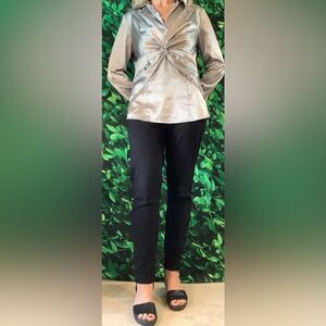 ✨ Ann Taylor Metallic Silver V-Neck Blouse w/ Twist Detail – Size 10